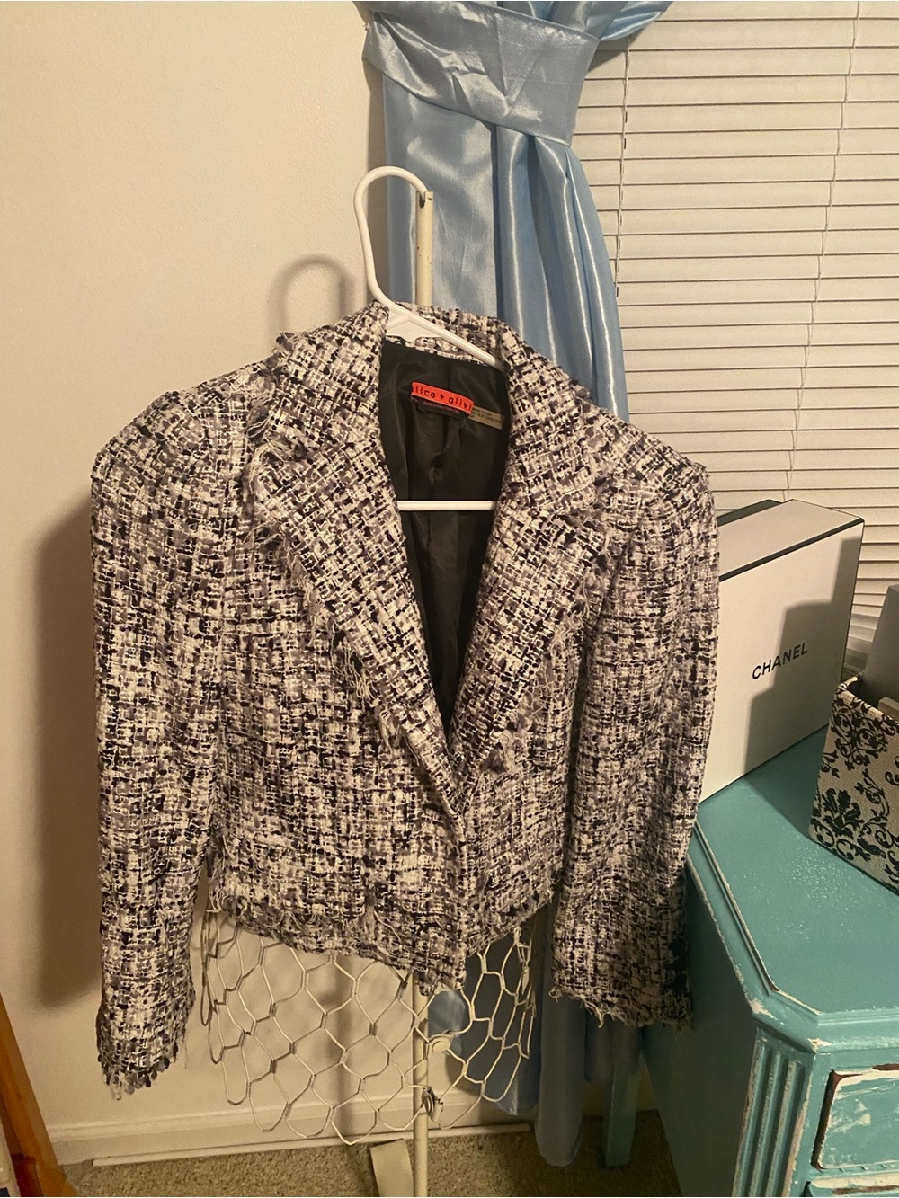 Alice + Olivia Black and White Tweed Blazer with Frayed Hem